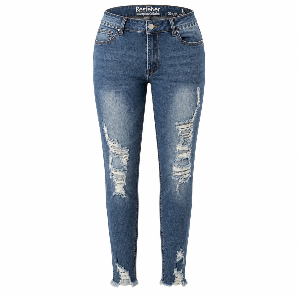 Resfeber Skinny Jeans Womens 16 Blue Distressed Ripped Frayed Hem Stretch Denim